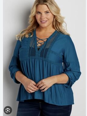 Maurices Sz 2 Teal Lace-Trim Peasant Blouse - Women's Teal Top